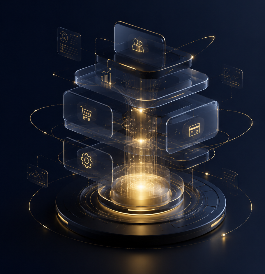 Vaendora AI-powered business system visual showing connected business layers